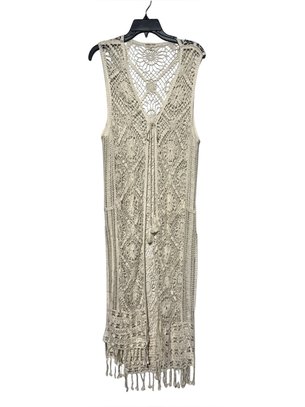 Main Strip Crochet Duster OS Cream Beachy Fringe Vest Coastal Cowgirl Western